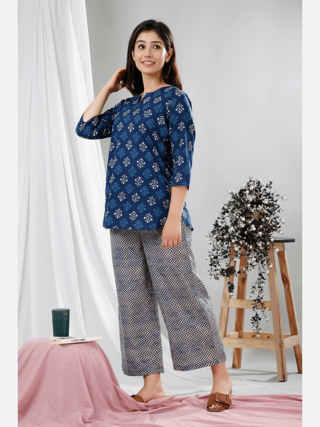 Blue Indigo Hand Block Printed Pure Cotton Lounge Wear