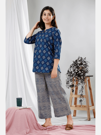 Blue Indigo Hand Block Printed Pure Cotton Lounge Wear