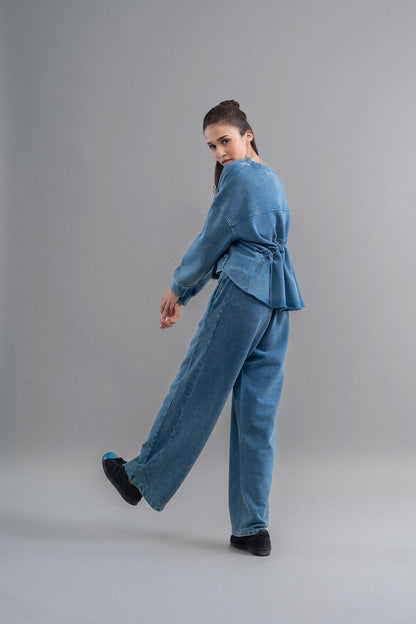 Denim-Wash 100% Cotton Terry Ruched Set