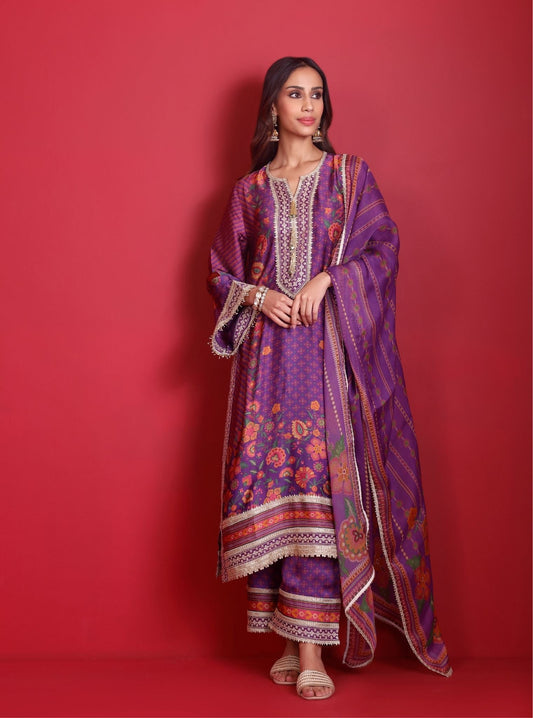 Osha Cupro Satin Purple Kurta Set
