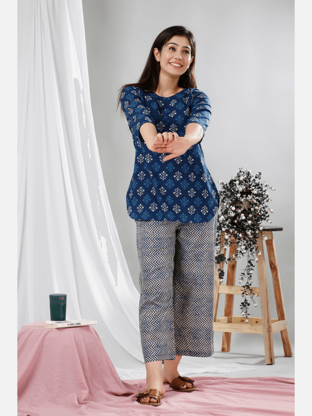 Blue Indigo Hand Block Printed Pure Cotton Lounge Wear