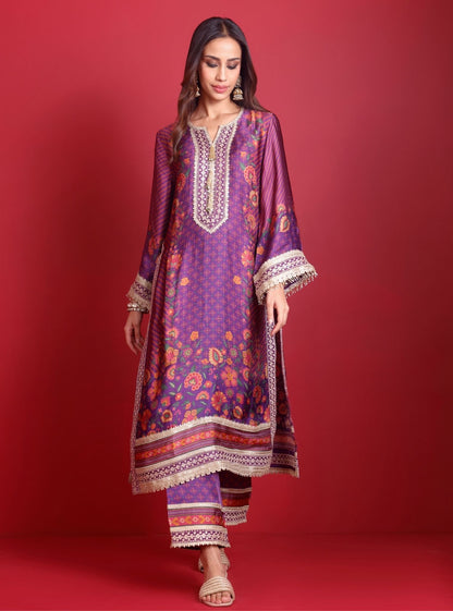 Osha Cupro Satin Purple Kurta Set