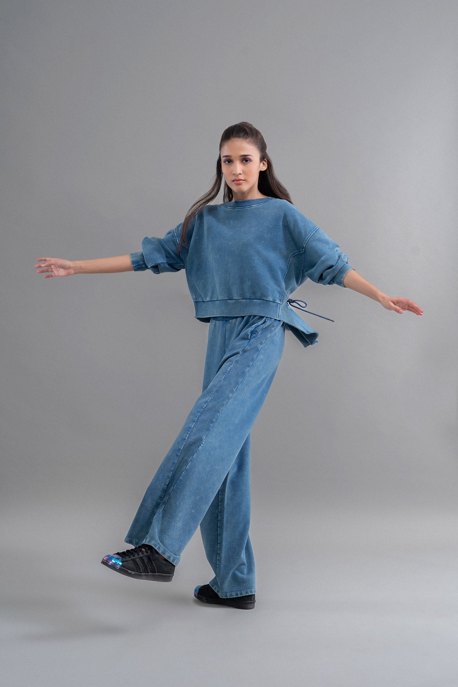 Denim-Wash 100% Cotton Terry Ruched Set