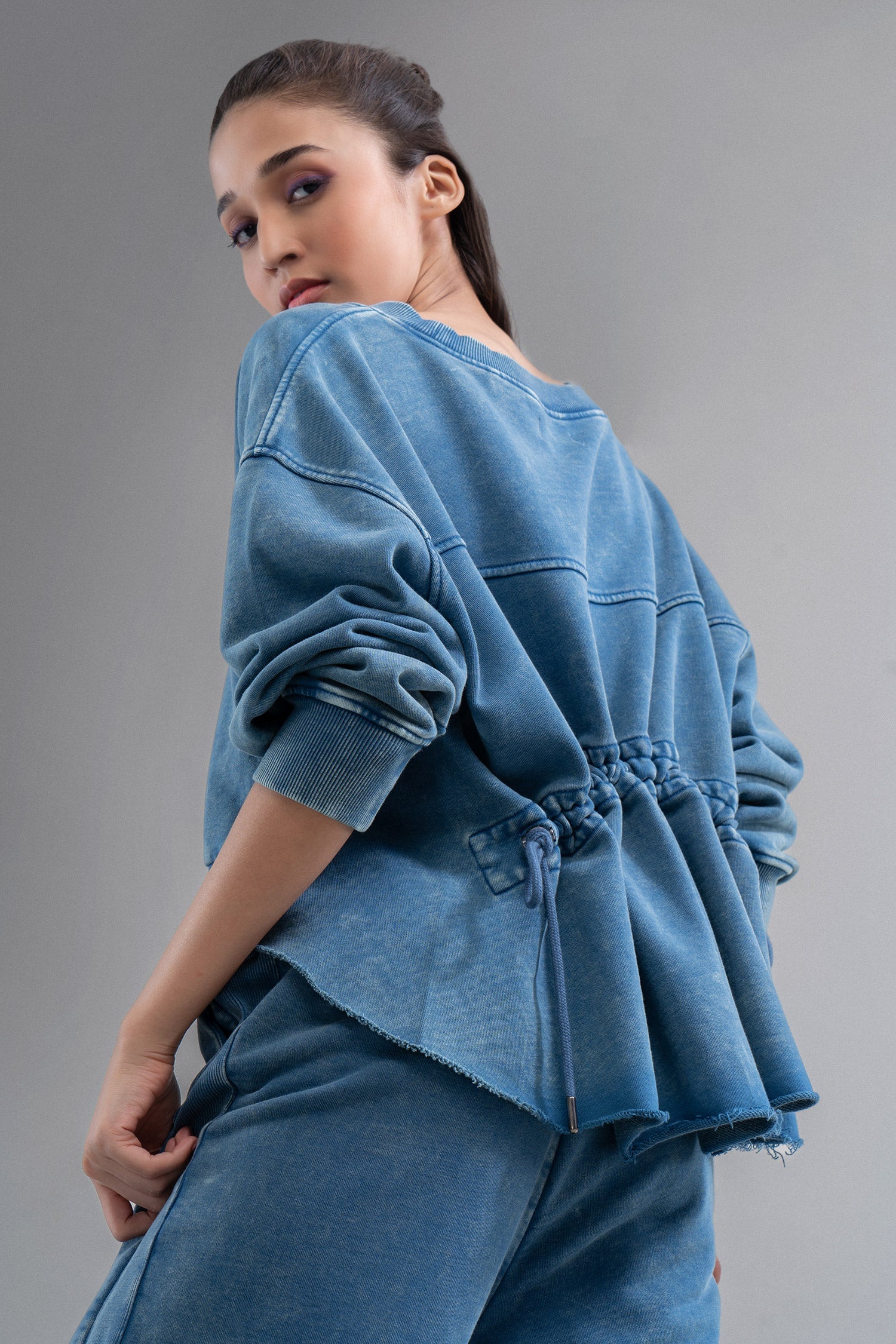 Denim-Wash 100% Cotton Terry Ruched Set