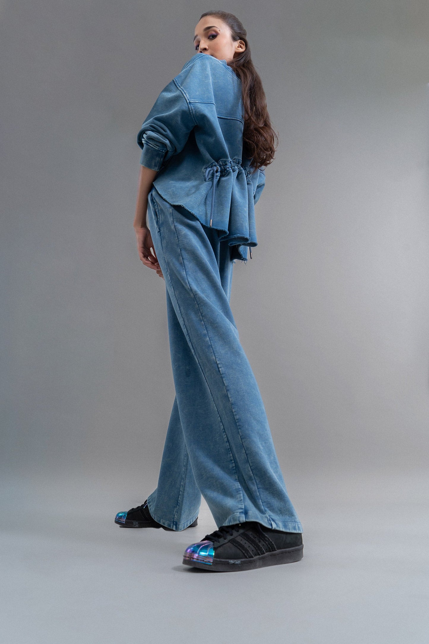 Denim-Wash 100% Cotton Terry Ruched Set