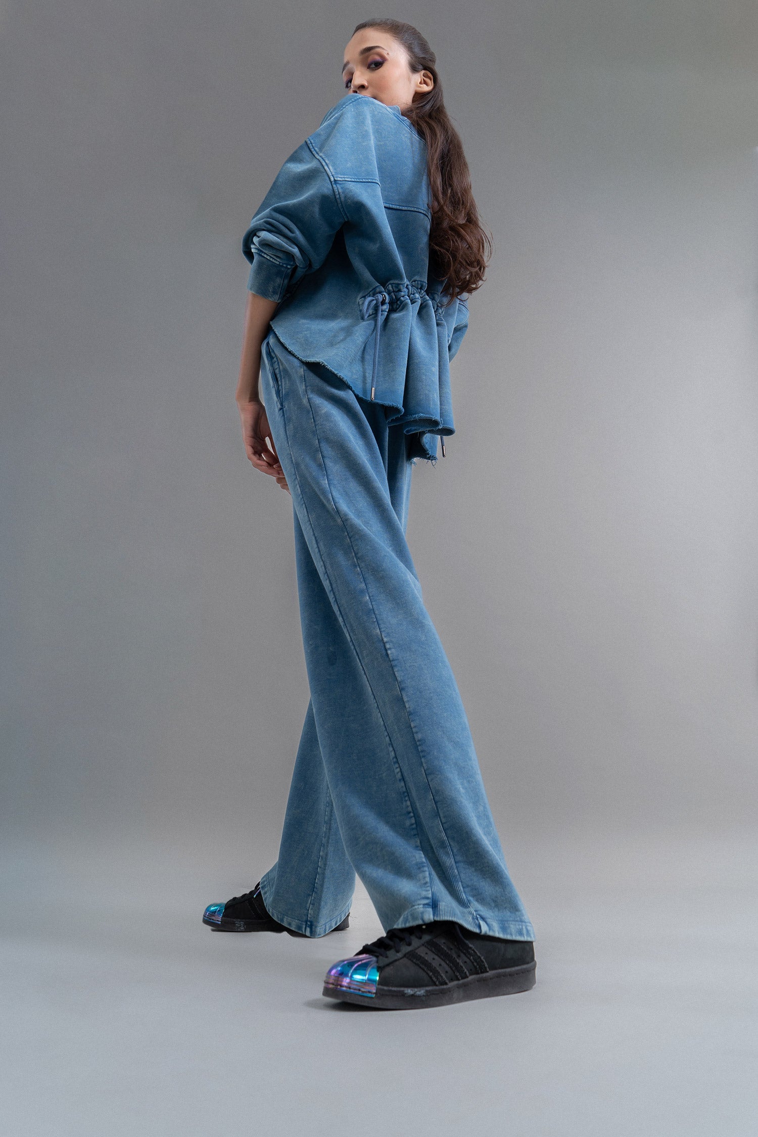 Denim-Wash 100% Cotton Terry Ruched Set