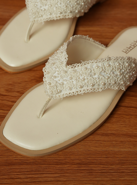 Sheen White V Strap Flats