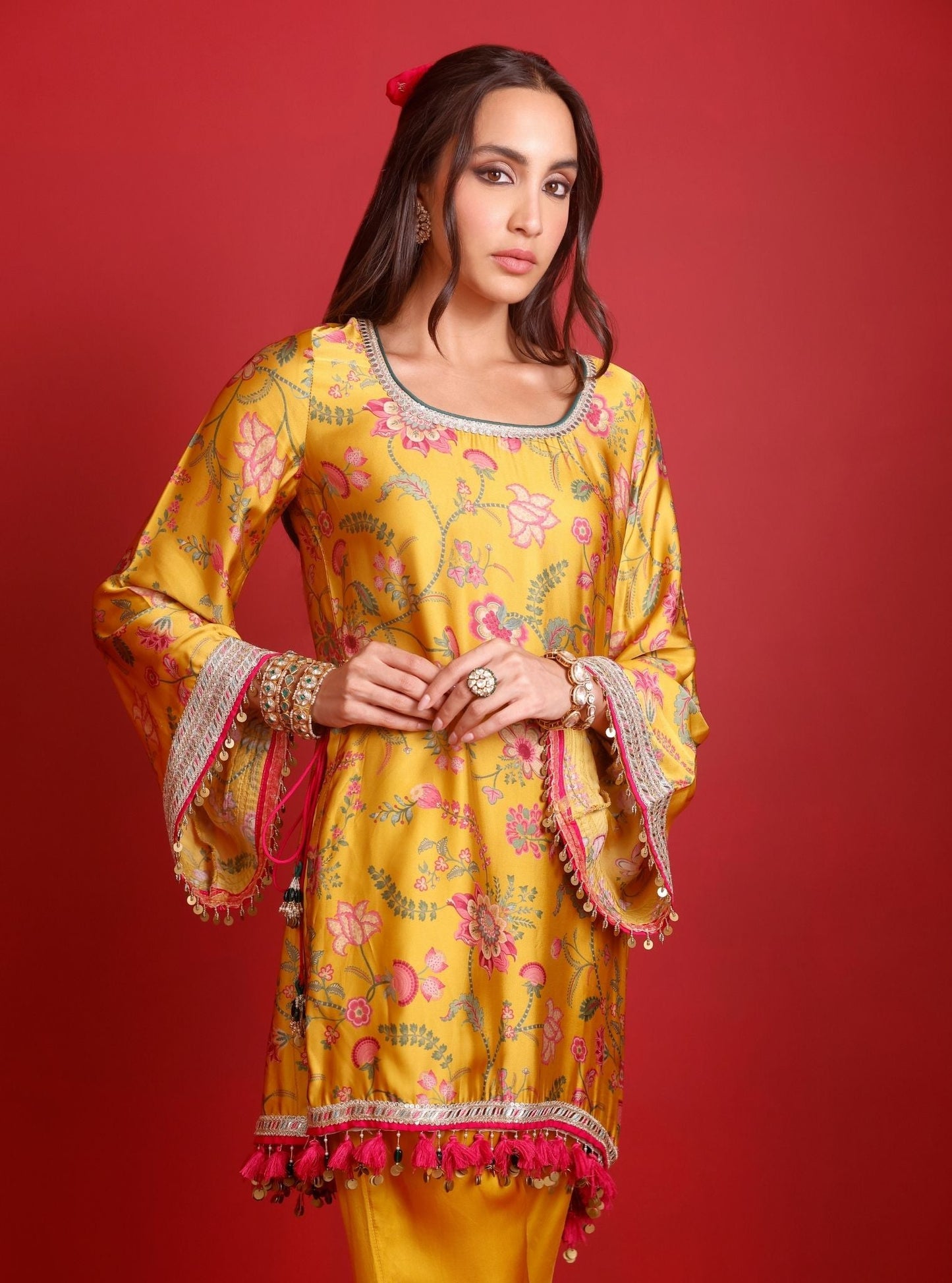 Arvi Cupro Satin Mustard Kurta Set
