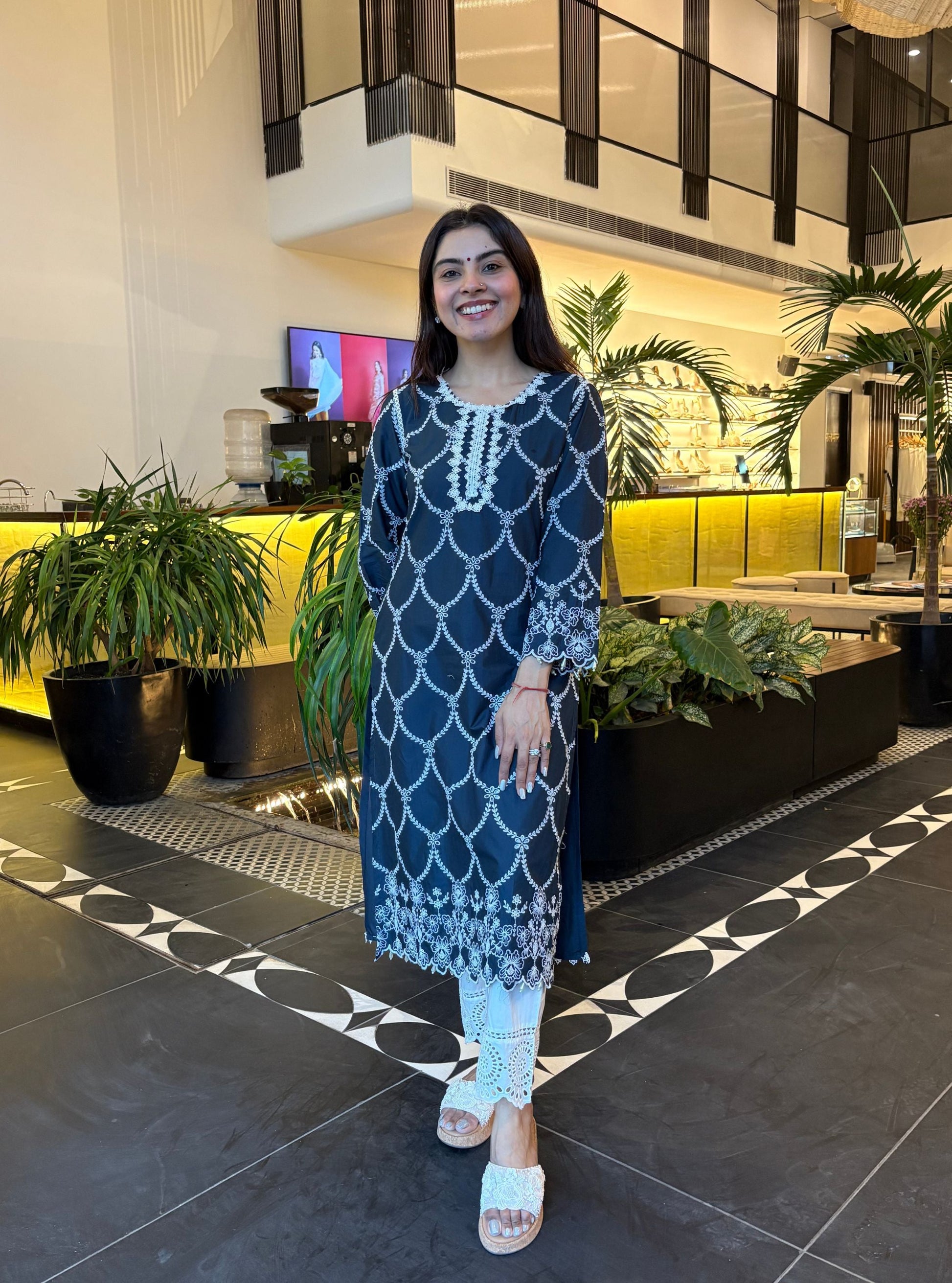 Aashay Supima Cotton Navy Kurta With Eyelet Supima Cotton White Pant