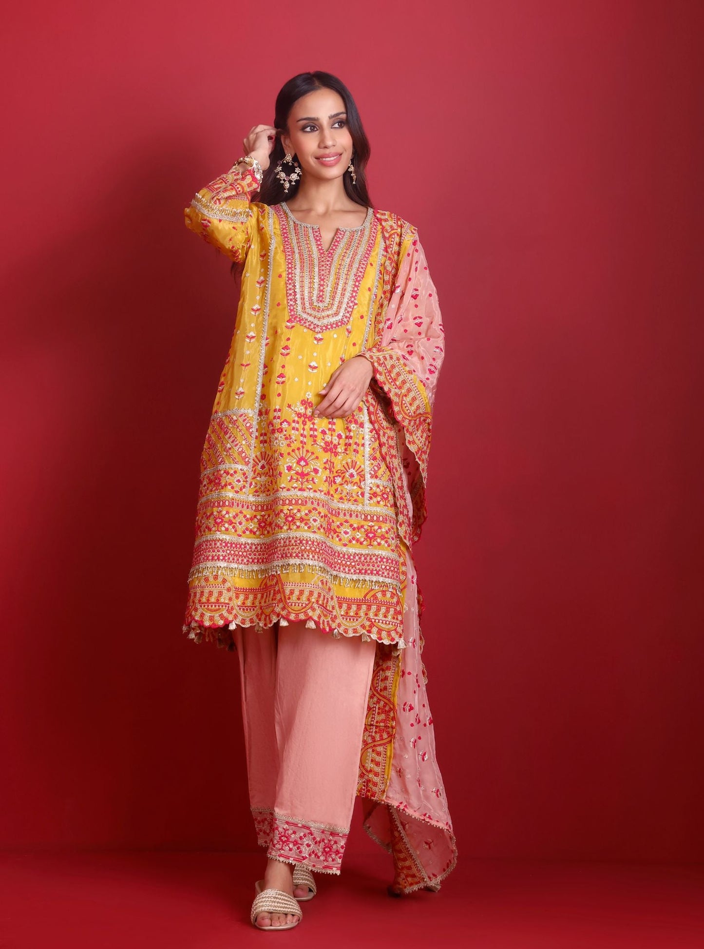 Leher Viscose Glass Organza Luxe Mustard Kurta Set