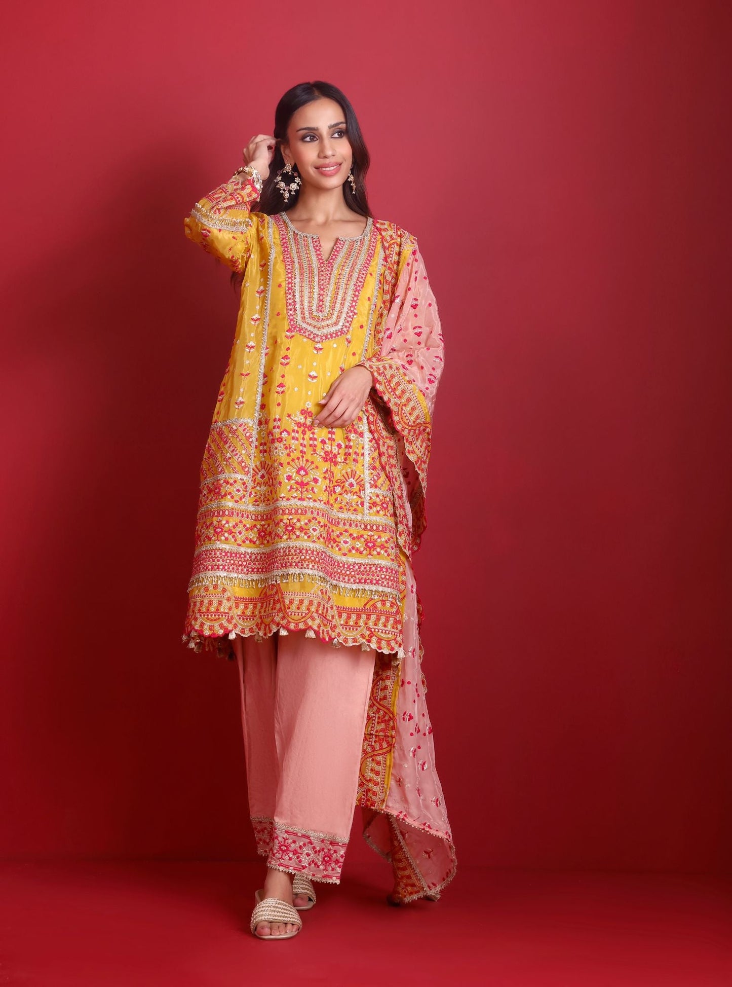 Leher Viscose Glass Organza Luxe Mustard Kurta Set