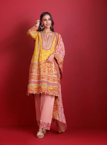 Leher Viscose Glass Organza Luxe Mustard Kurta Set