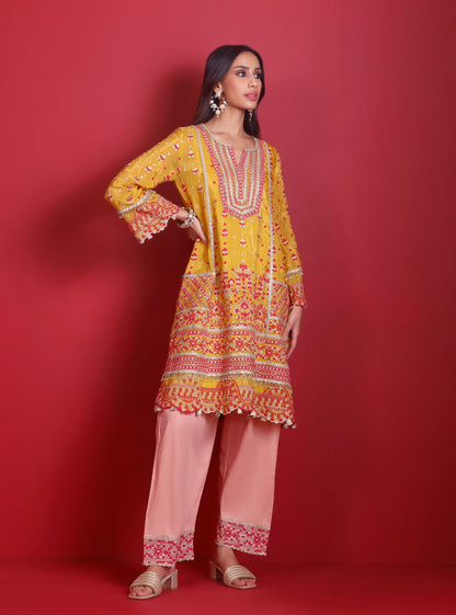 Leher Viscose Glass Organza Luxe Mustard Kurta Set