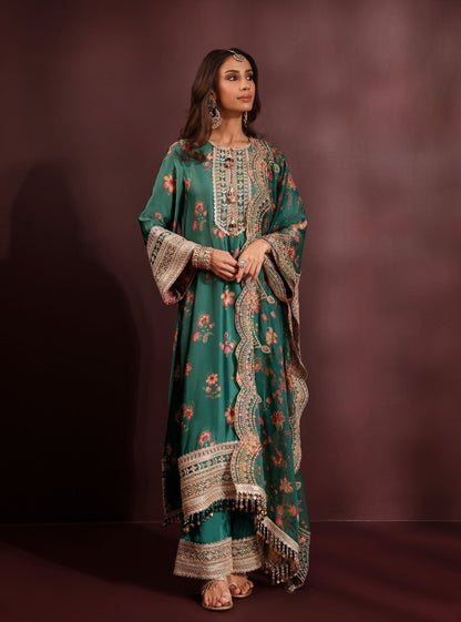 Ovia Cupro Satin Printed Emerald Green Kurta & Pant Set