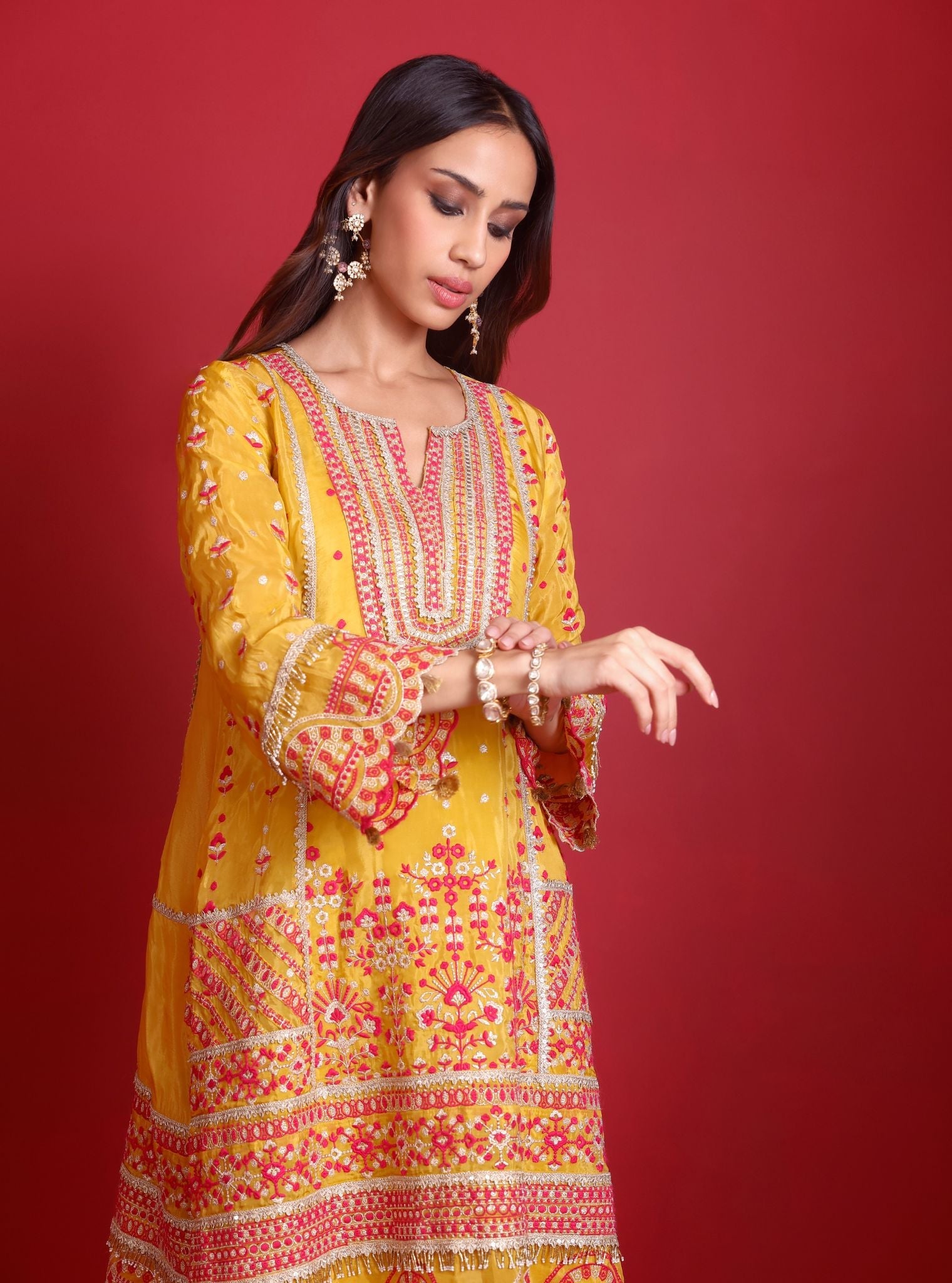 Leher Viscose Glass Organza Luxe Mustard Kurta Set