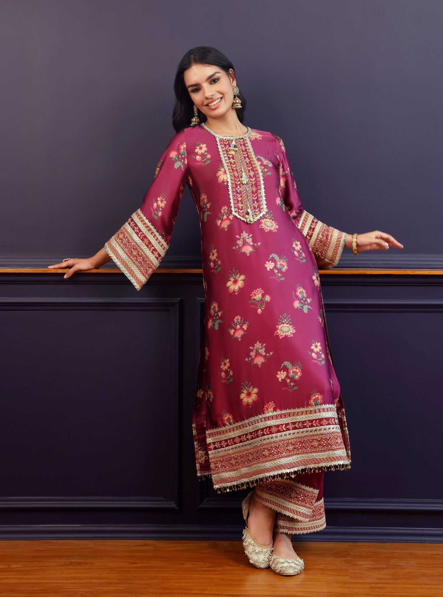 Ovia Cupro Satin Printed Wine Kurta & Pant Set