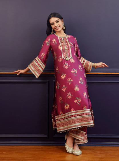 Ovia Cupro Satin Printed Wine Kurta & Pant Set