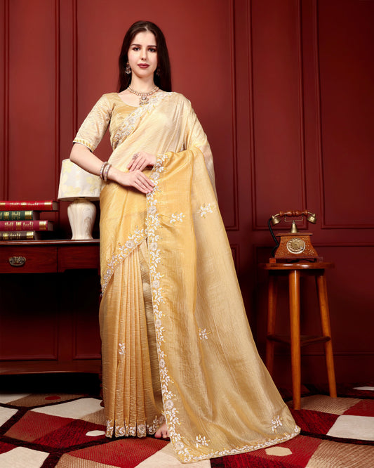 Golden Glow Crushed Tissue Saree with Sequin & Scallop Border