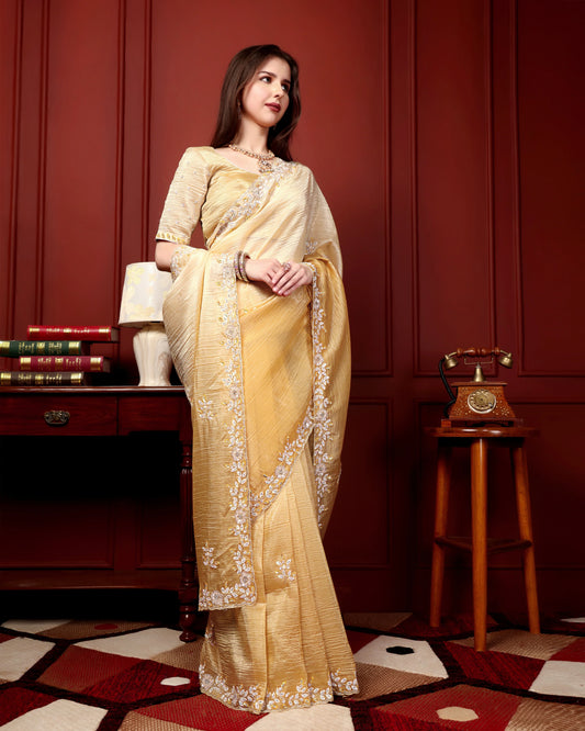 Golden Glow Crushed Tissue Saree with Sequin & Scallop Border