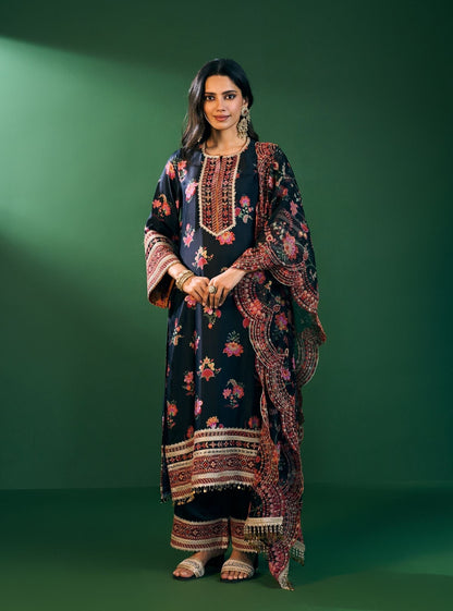 Ovia Cupro Satin Printed Black Kurta & Pant Set