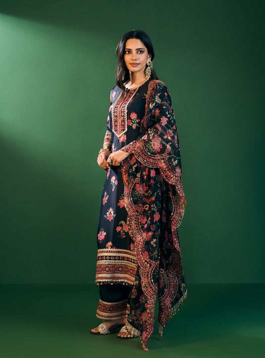 Ovia Cupro Satin Printed Black Kurta & Pant Set