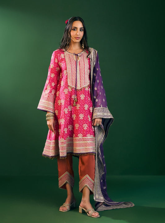 Arvini Cupro Satin Fuschia Anarkali Kurta Set