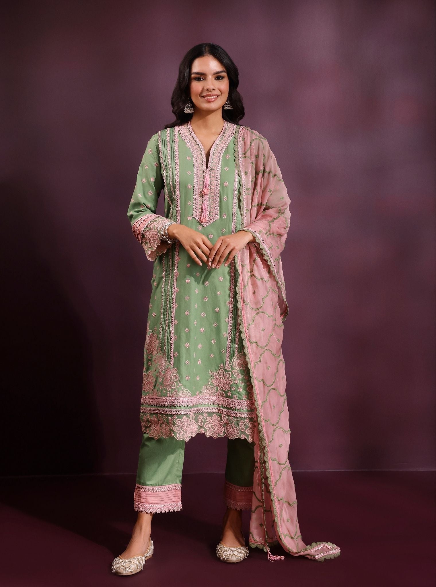 Pira Pima Satin Parrot Green Kurta Set
