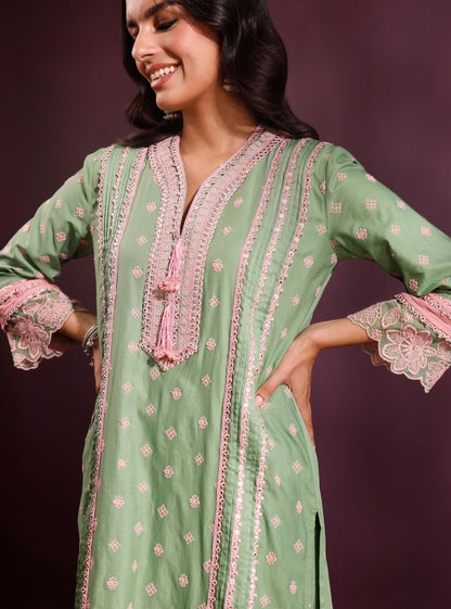 Pira Pima Satin Parrot Green Kurta Set