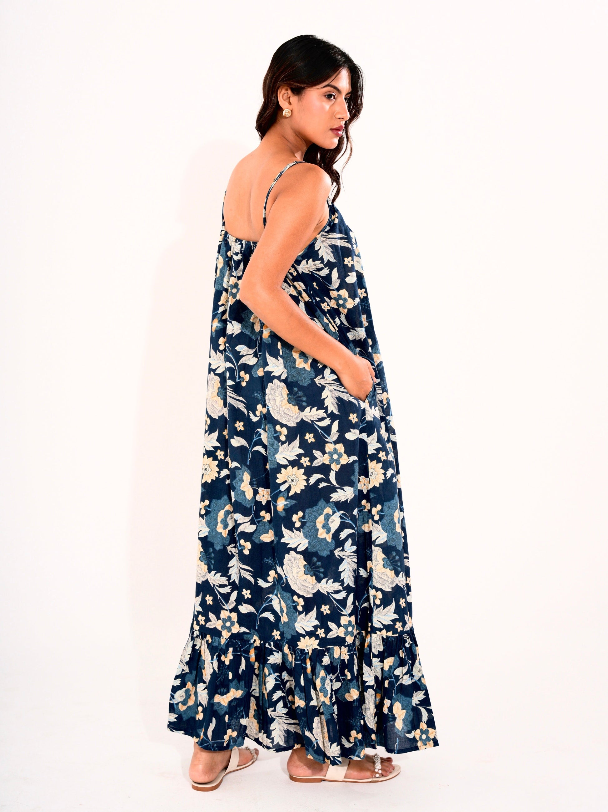 Blue Flowy Pure Cotton Ghera Night Maxi