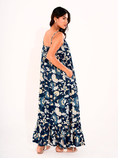 Blue Flowy Pure Cotton Ghera Night Maxi