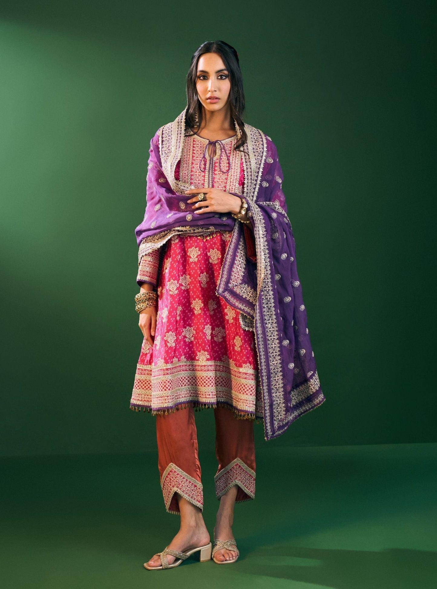 Arvini Cupro Satin Fuschia Anarkali Kurta Set