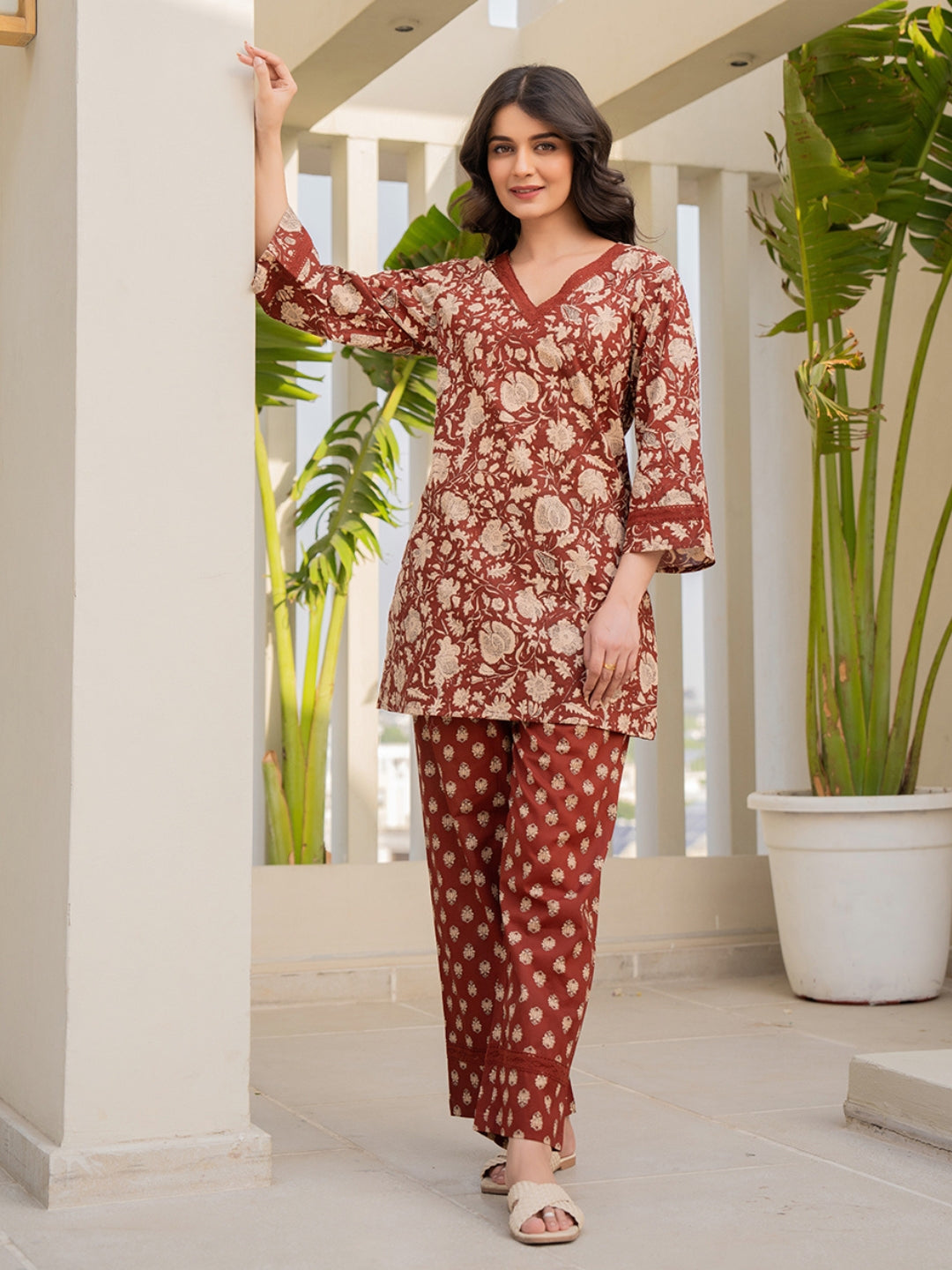 V - Neck Lace Cinnamon Brown Cotton Lounge Wear