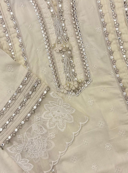 Rupa Organza Off White Anarkali Kurta with Pima Satin Off White Pant Set