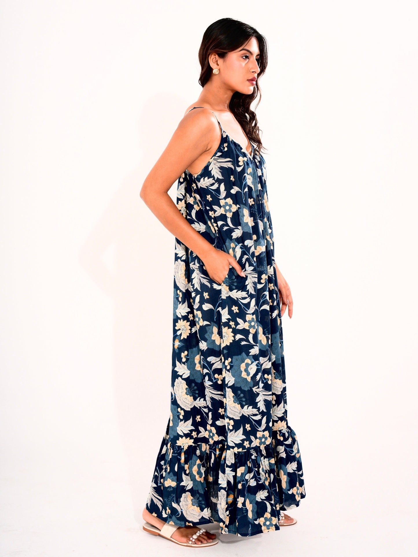 Blue Flowy Pure Cotton Ghera Night Maxi