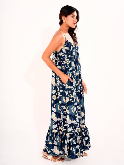 Blue Flowy Pure Cotton Ghera Night Maxi