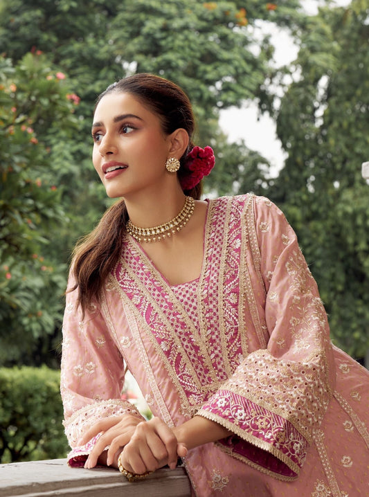 Miraya Banarsi Pink Anarkali Kurta Set