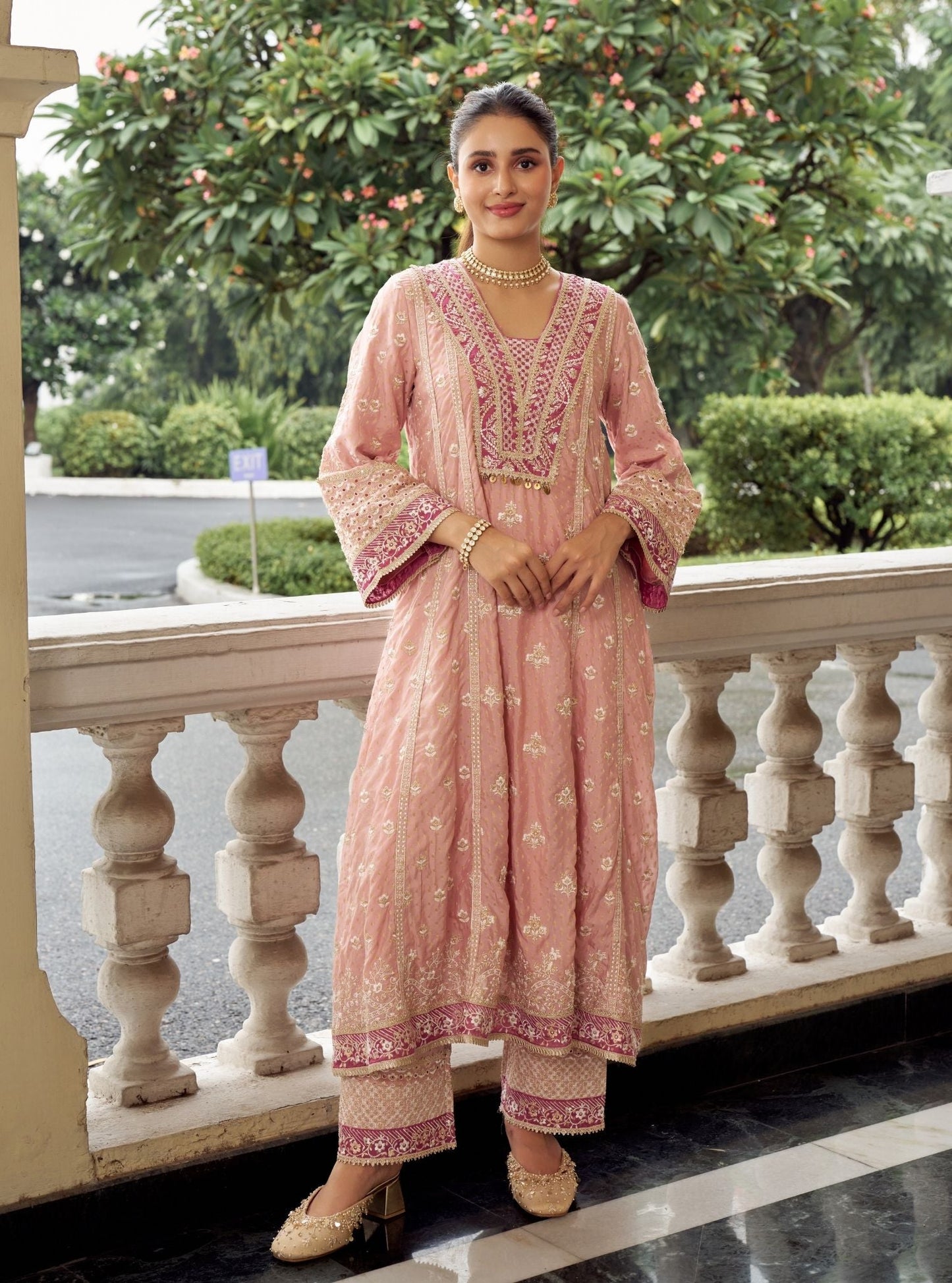 Miraya Banarsi Pink Anarkali Kurta Set