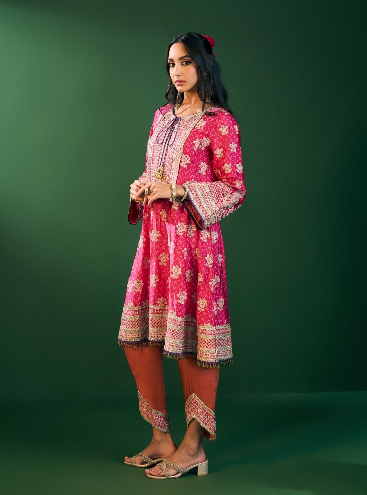 Arvini Cupro Satin Fuschia Anarkali Kurta Set