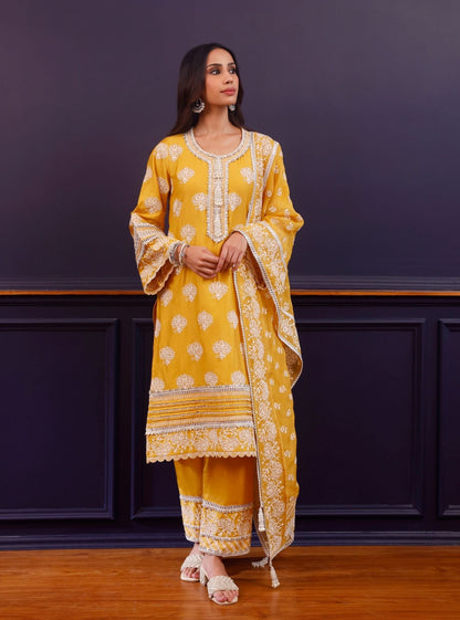 Reha Pima Satin Mustard Kurta Set
