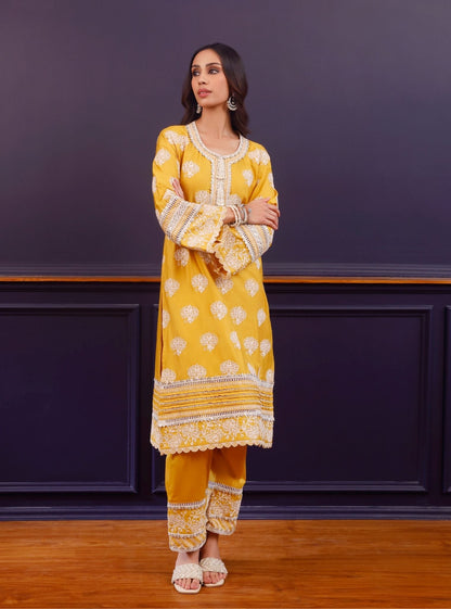 Reha Pima Satin Mustard Kurta Set