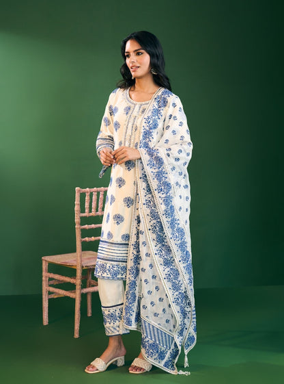 Reha Pima Satin Off White Kurta Set