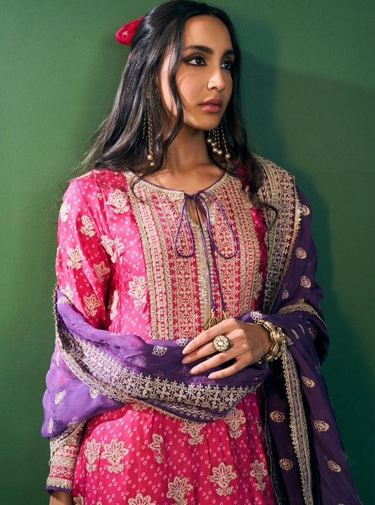 Arvini Cupro Satin Fuschia Anarkali Kurta Set