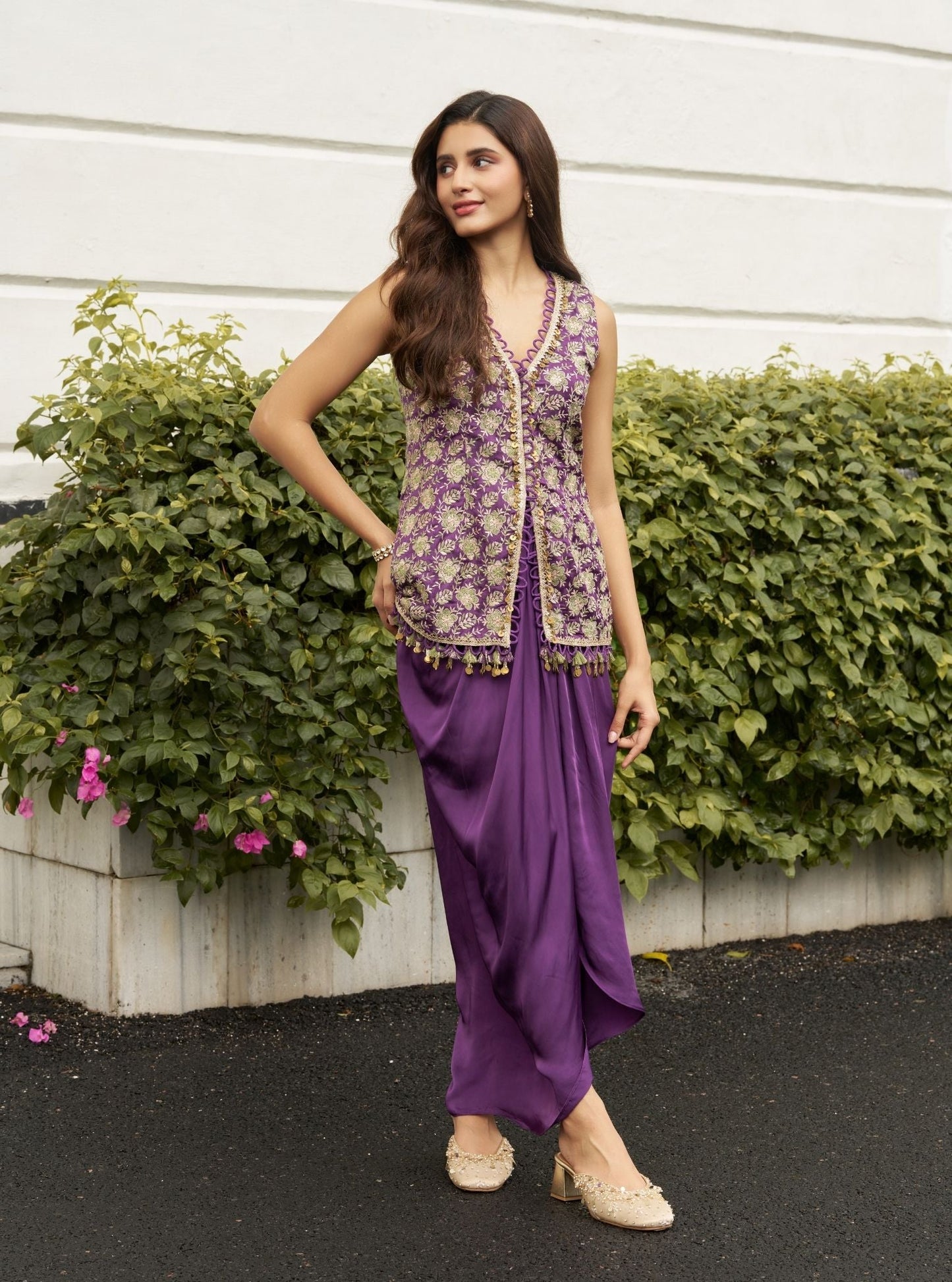 Thumri Linen Satin Purple Jacket Set
