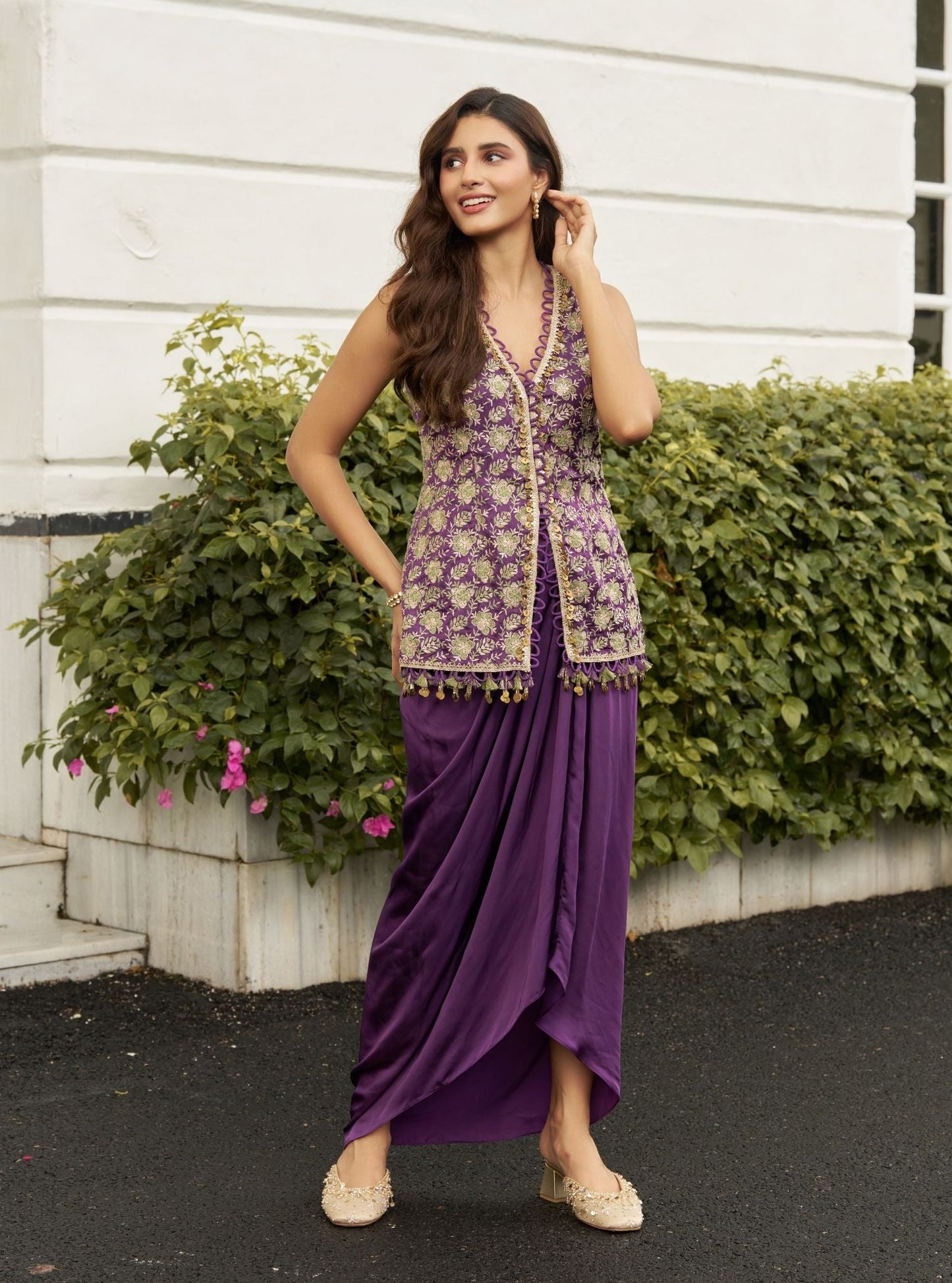 Thumri Linen Satin Purple Jacket Set