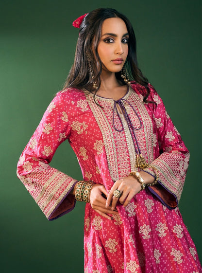 Arvini Cupro Satin Fuschia Anarkali Kurta Set