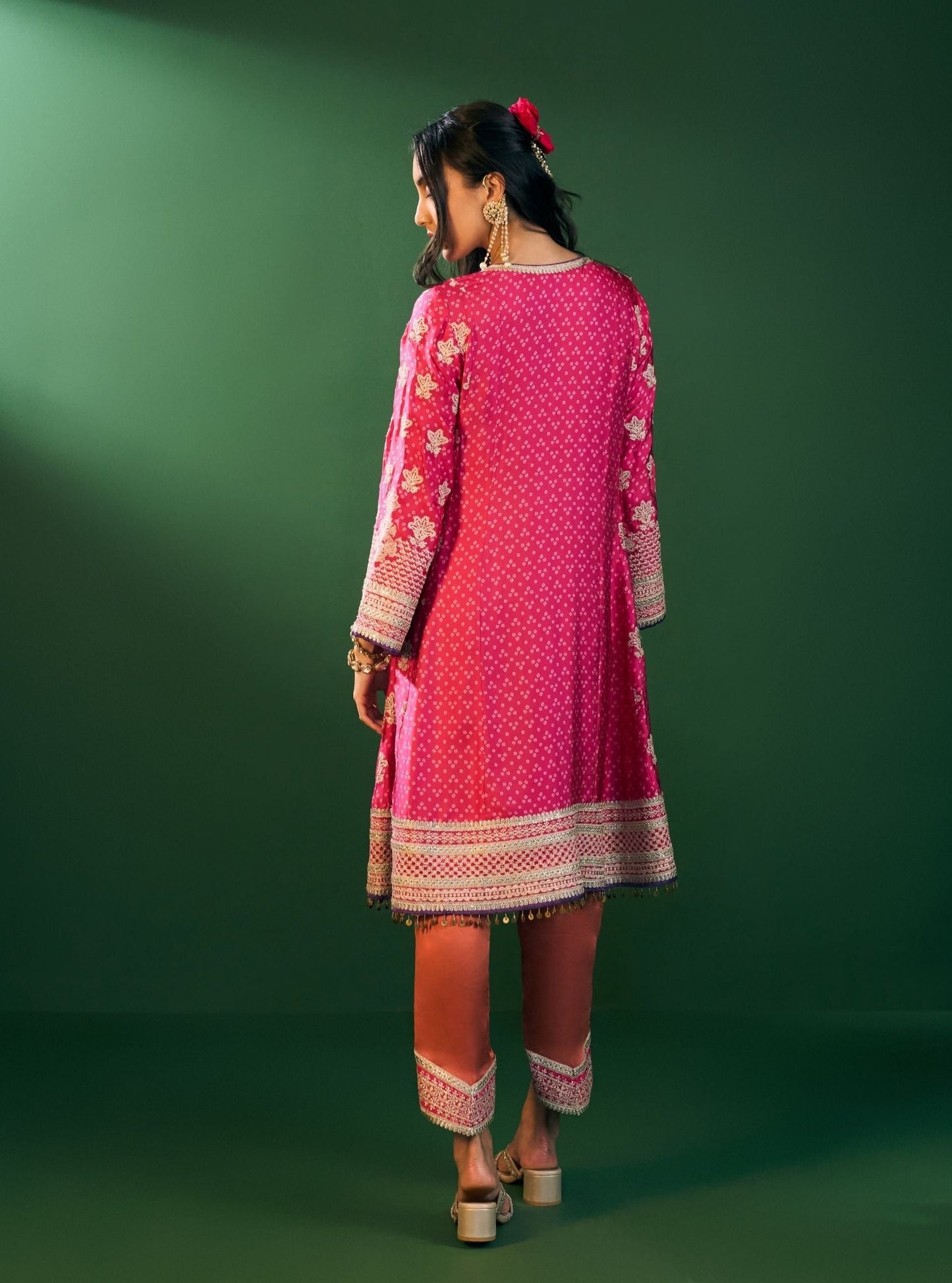Arvini Cupro Satin Fuschia Anarkali Kurta Set