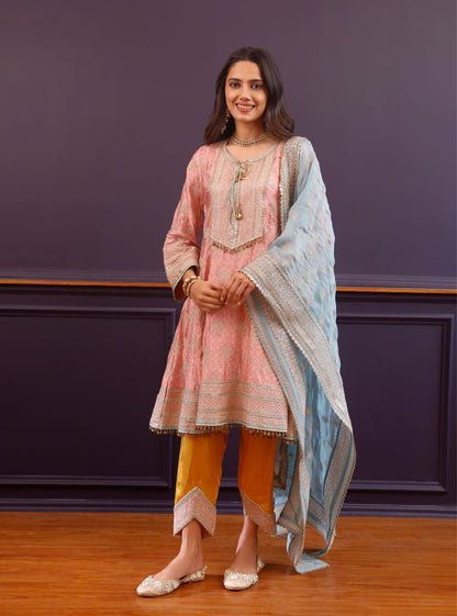 Arvini Cupro Satin Pink Anarkali Kurta Set