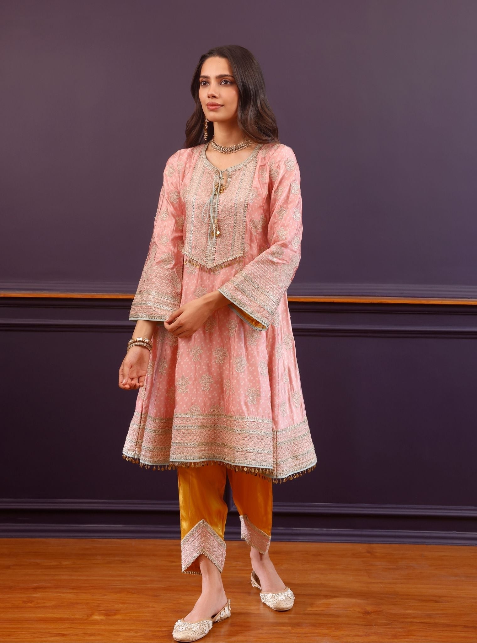 Arvini Cupro Satin Pink Anarkali Kurta Set
