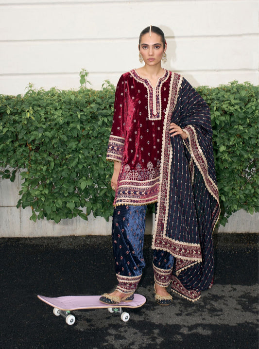 Tami Velvet Wine Kurta with Navy Pant Set