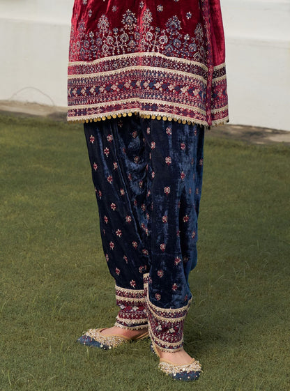Tami Velvet Wine Kurta with Navy Pant Set